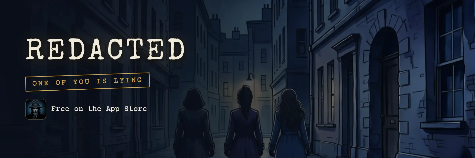 Three figures walking down a gaslit cobblestone street at night